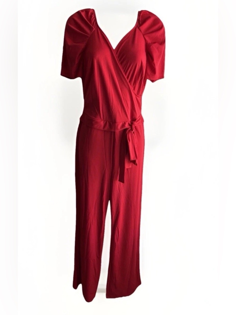 Red Bow tie Wide-Leg Jumpsuit with Tie Waist Women’s Size Large - Picture 4 of 4